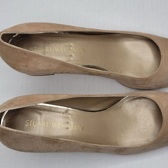 Stuart Weitzman Marymid Beige Suede Block Heel Pump 8.5 Career Money Minimalist - Picture 9 of 11